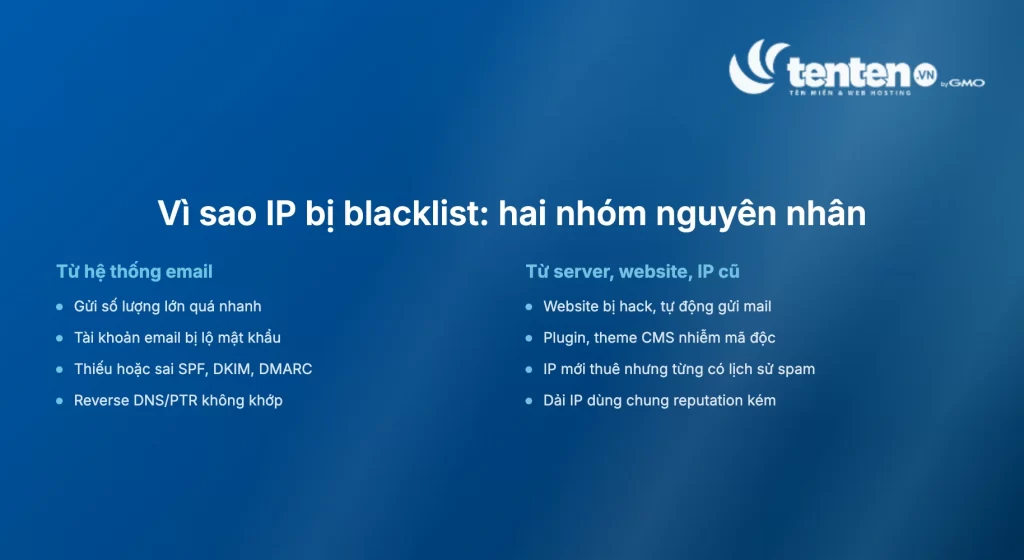 Hai nhóm nguyên nhân IP bị blacklist: từ hệ thống email và từ server, website hoặc IP cũ