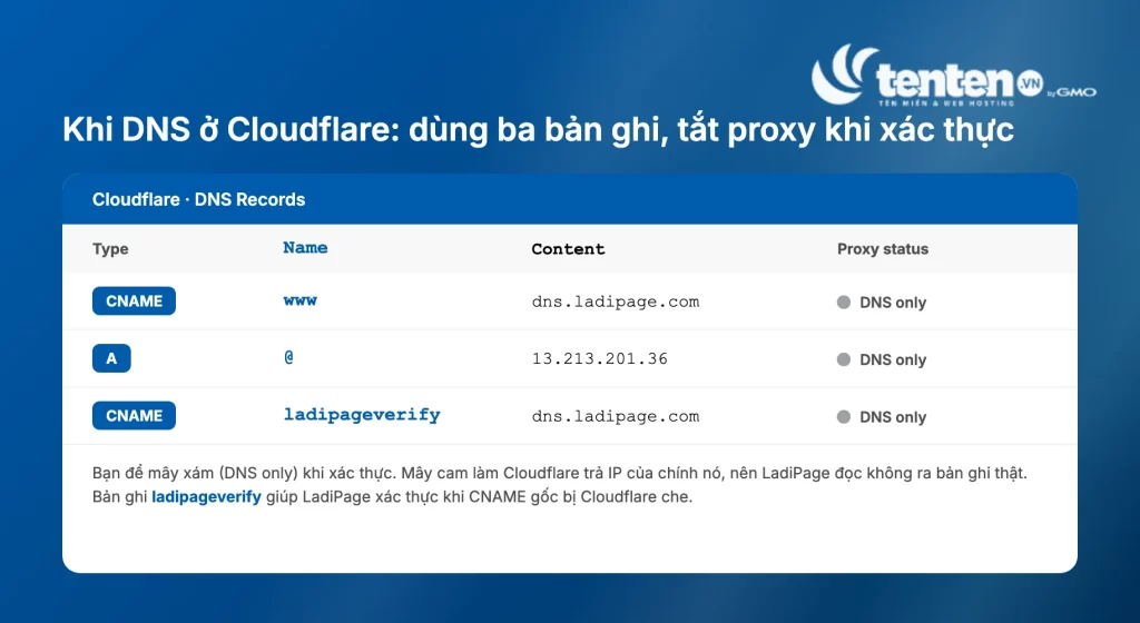 Mockup dashboard Cloudflare DNS Records với ba bản ghi www CNAME, @ dùng bản ghi A 13.213.201.36 và ladipageverify CNAME, tất cả để proxy status DNS only khi xác thực