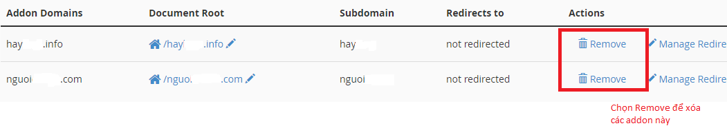 Bước 3 Các bạn vào mục Addon domain và Mysql Database Account Mail dể xóa remove