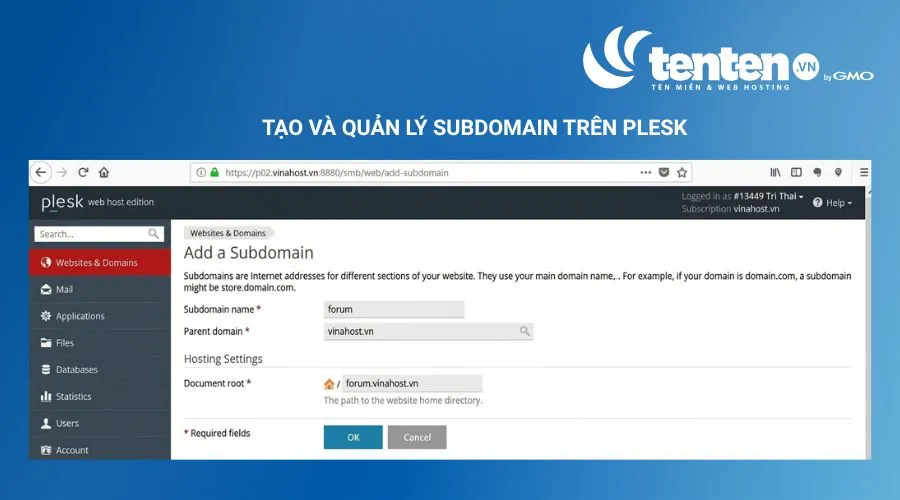 Thực hiện khai báo tên subdomain muốn tạo