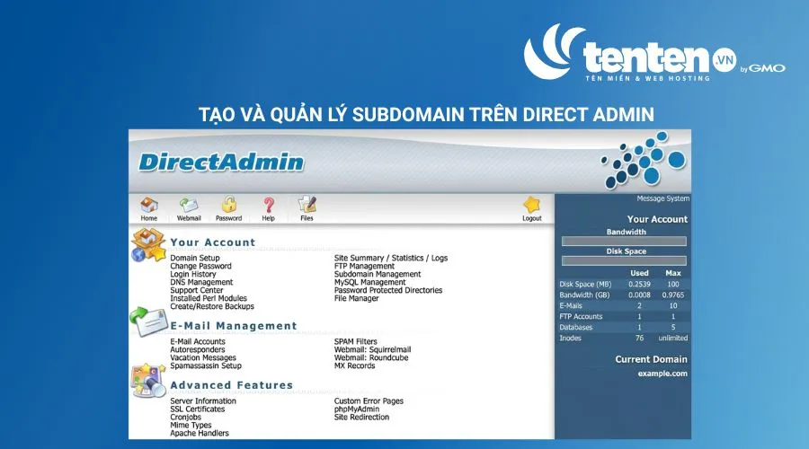 Truy cập vào giao diện DirectAdmin, sau đó chọn mục Subdomain Management