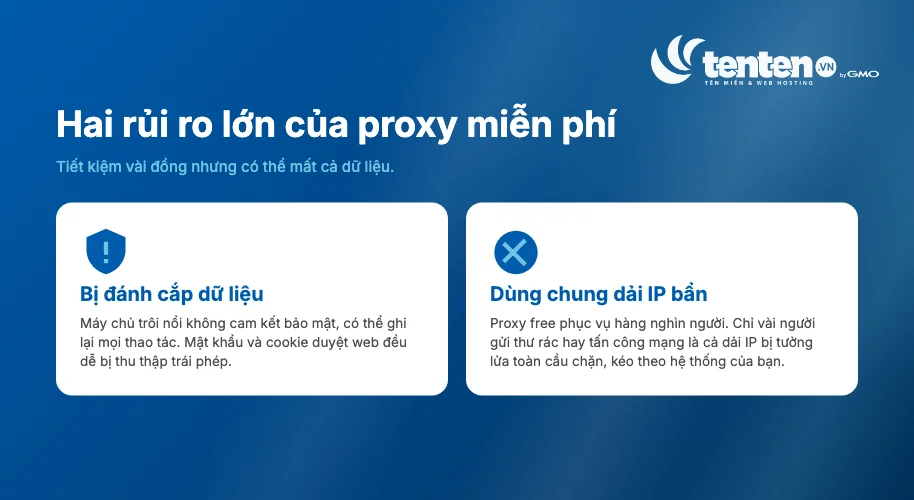 Hai rủi ro lớn của proxy miễn phí: bị đánh cắp dữ liệu và dùng chung dải IP bẩn bị tường lửa toàn cầu chặn