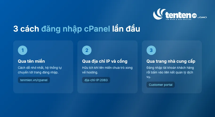 Ba cách đăng nhập cPanel lần đầu: qua tên miền, qua địa chỉ IP và cổng, qua trang quản lý của nhà cung cấp