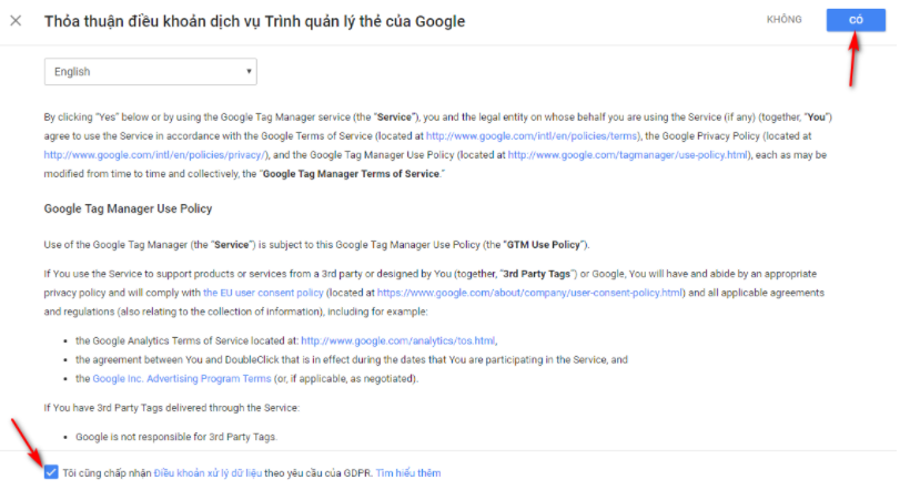 Thỏa thuận đăng ký Google Tag Manager