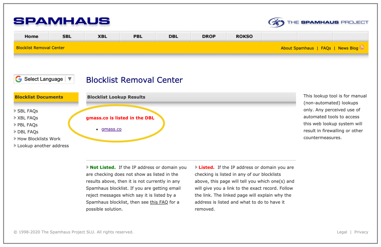Công cụ Domain blacklist check: SpamHaus