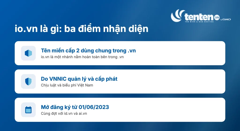 Ba điểm nhận diện tên miền io.vn: tên miền cấp 2 dùng chung trong .vn, do VNNIC quản lý và cấp phát, mở đăng ký từ 01/06/2023