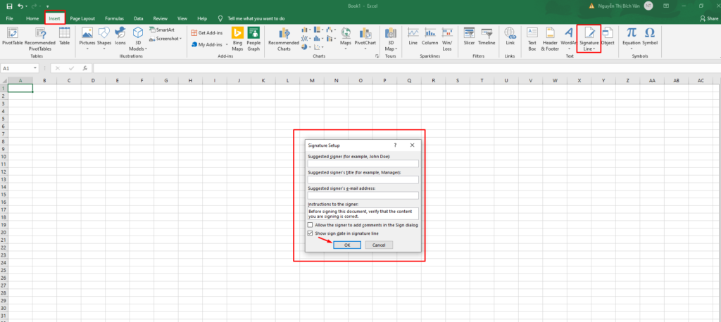 Ký chữ ký số trên file Excel đã xác định trước vùng ký 