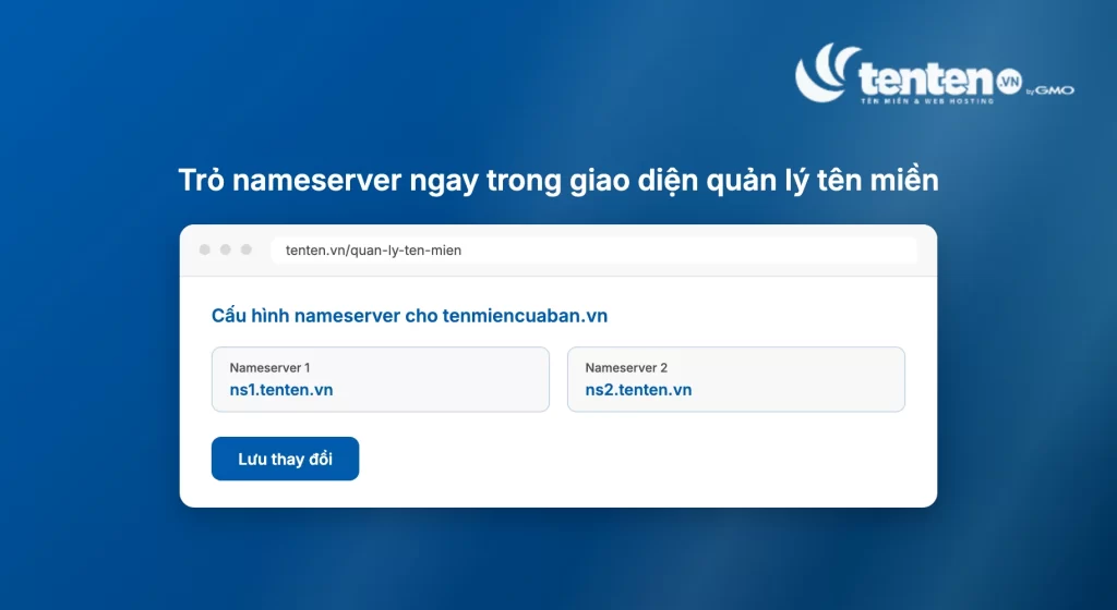 Mockup giao diện quản lý tên miền TENTEN, màn hình cấu hình nameserver 1 và nameserver 2 cho một tên miền .vn