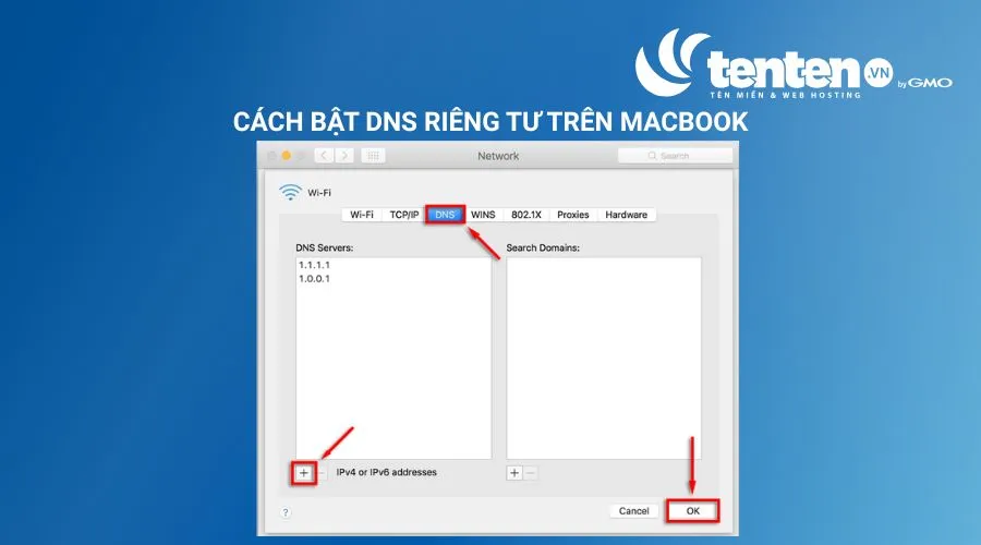 Nhấp vào DNS, chọn nút Add, nhập địa chỉ IPv4 hoặc IPv6 rồi chọn OK
