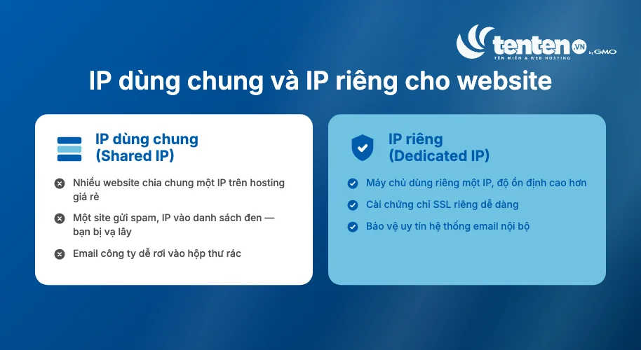 So sánh IP dùng chung (shared IP) và IP riêng (dedicated IP) cho website doanh nghiệ