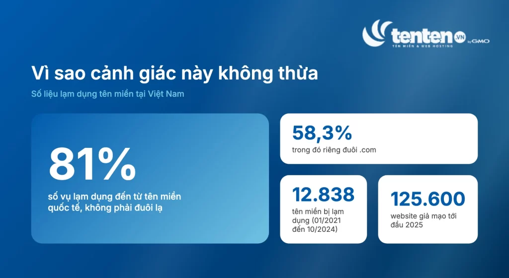 Tên miền quốc tế chiếm 81% số vụ lạm dụng tại Việt Nam, riêng .com chiếm 58,3%, tổng 12.838 tên miền bị lạm dụng giai đoạn 01/2021 đến 10/2024 và gần 125.600 website giả mạo tới đầu 2025