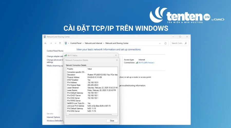 Vào Network and Internet, sau đó chọn Network and Sharing Center rồi chọn Wi-Fi hoặc Ethernet