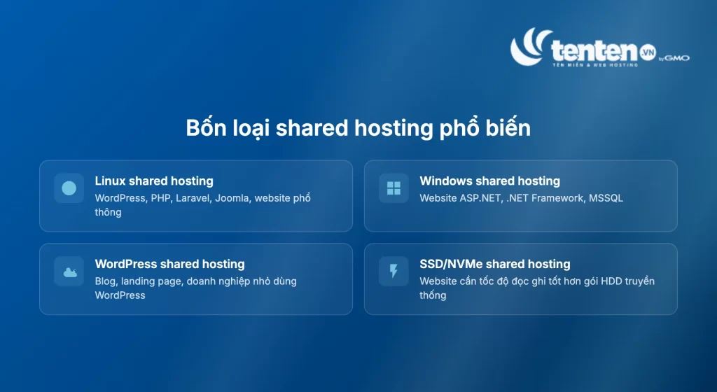 Bốn loại shared hosting phổ biến gồm Linux, Windows, WordPress hosting và SSD/NVMe hosting cùng đối tượng phù hợp