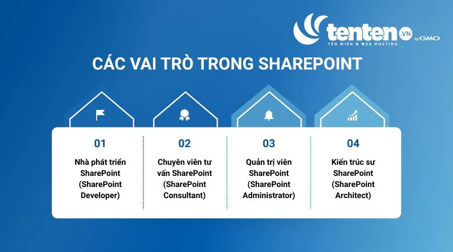 Các vai trò trong SharePoint gồm nhà phát triển, chuyên viên tư vấn, quản trị viên và kiến trúc sư