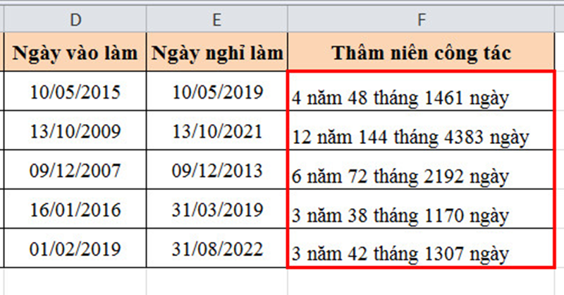 Cách tính thâm niên công tác, tính chênh lệch giữa hai mốc thời gian trong Excel