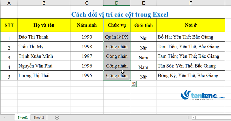 Cách đổi vị trí các cột trong Excel