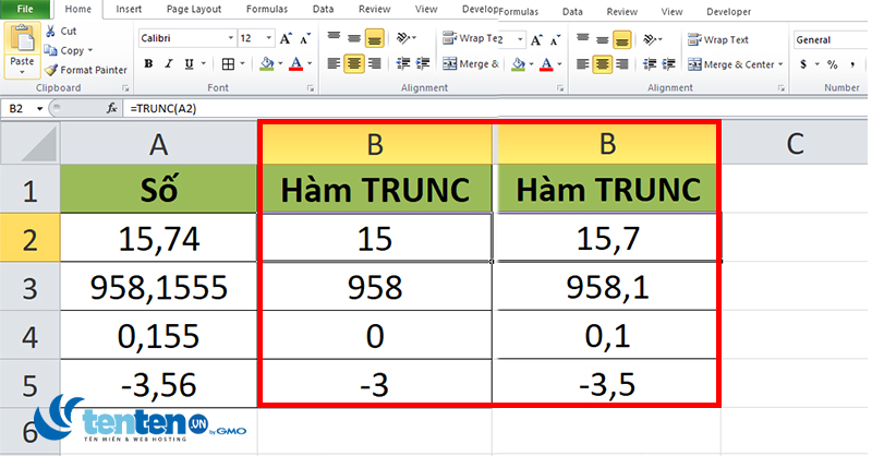 Cách dùng hàm TRUNC để loại bỏ phần thập phân và rút ngắn giá trị số