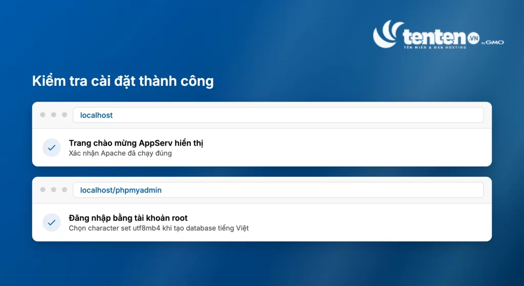 Kiểm tra cài đặt AppServ thành công qua localhost và localhost/phpmyadmin