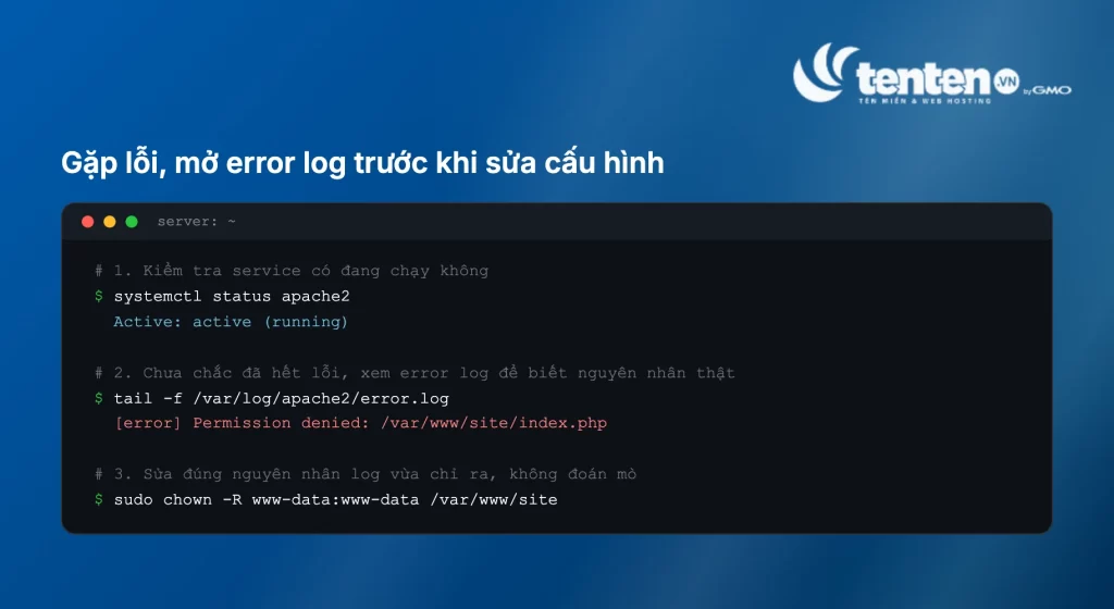 Mockup terminal minh họa quy trình chẩn đoán lỗi Apache theo 3 bước