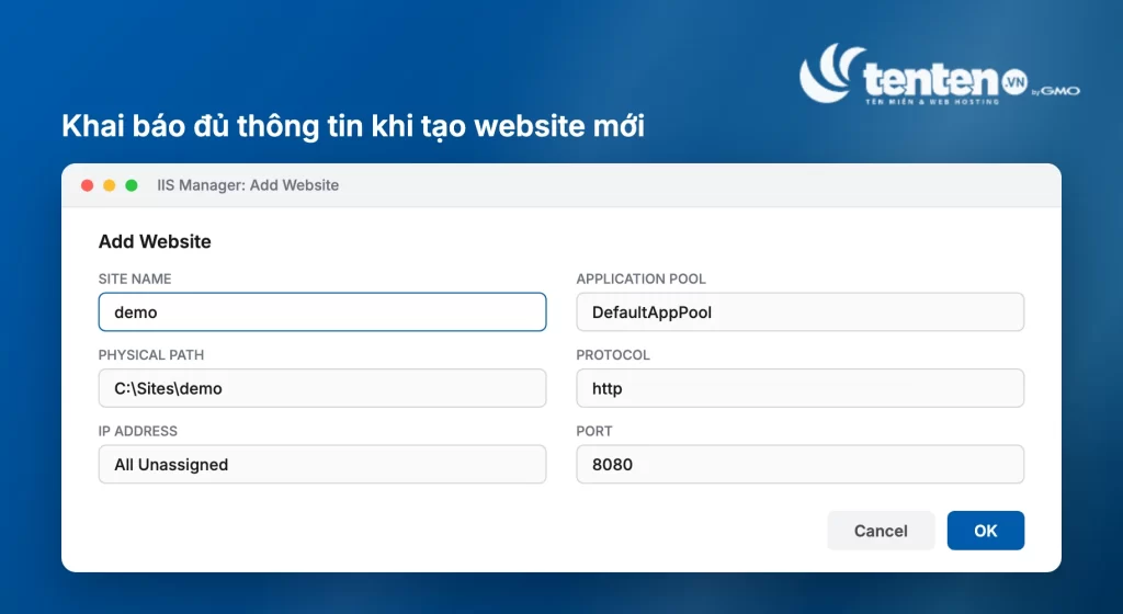 Form Add Website trong IIS Manager với các trường site name, Application Pool, physical path, protocol, IP address và port