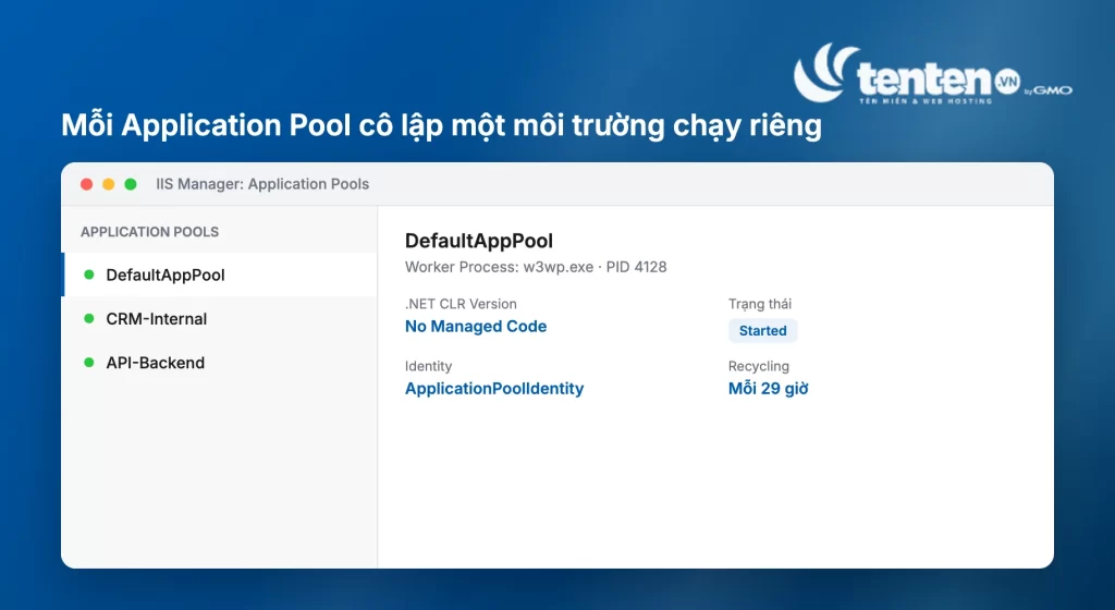 Giao diện IIS Manager quản lý Application Pool, hiển thị trạng thái, Worker Process và cấu hình recycling