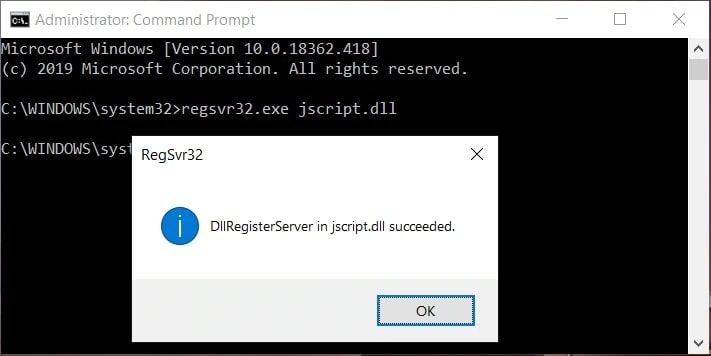 gõ "regsvr32.exe jscript.dll" và nhấn Enter