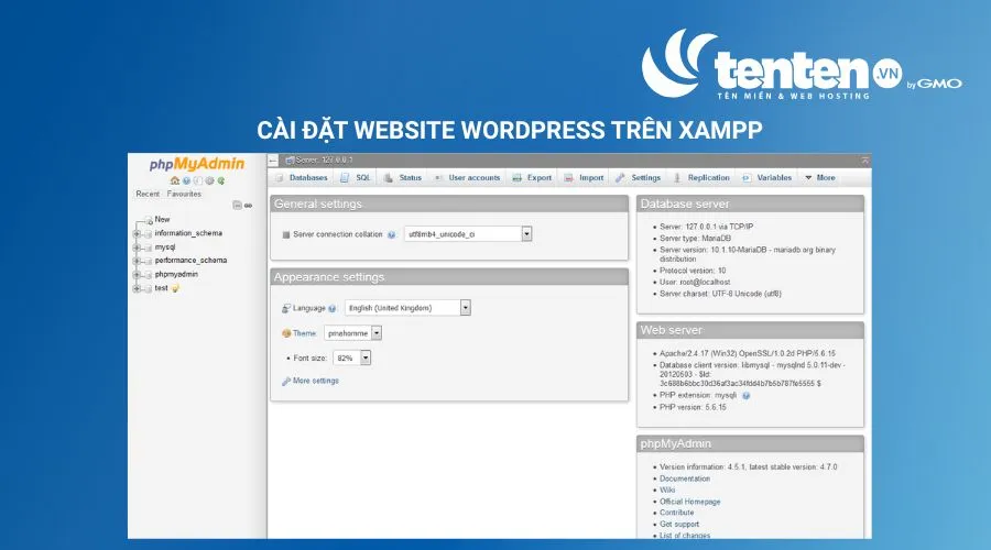 Mở phpMyAdmin bằng nút “Admin” của modules MySQL