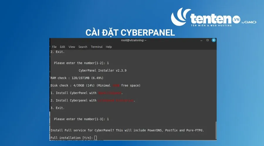 Nhập Y để cài đặt CyberPanel với đầy đủ các dịch vụ như PowerDNS, Postfix và Pure-FTPd