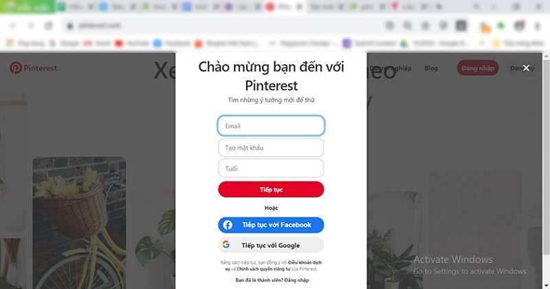 Hướng dẫn tạo tài khoản Pinterest qua Facebook hoặc Google