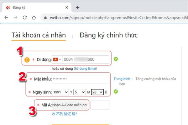 Đăng ký tài khoản Weibo trên máy tính