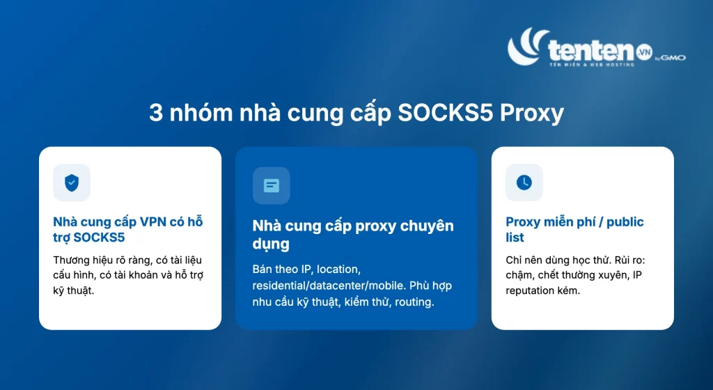 Ba nhóm nhà cung cấp SOCKS5 Proxy: nhà cung cấp VPN có hỗ trợ SOCKS5, nhà cung cấp proxy chuyên dụng, và proxy miễn phí/public list