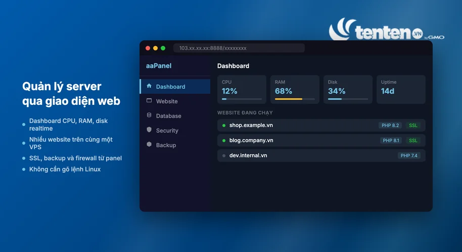 Mockup giao diện aaPanel dashboard hiển thị thông số CPU, RAM, ổ đĩa và danh sách website đang chạy trên VPS
