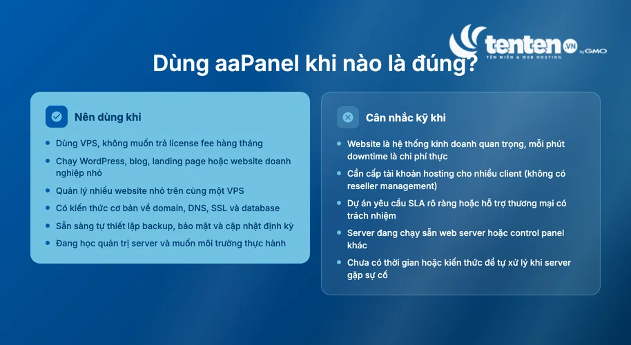 Infographic 2 cột so sánh khi nào nên dùng aaPanel và khi nào cần cân nhắc kỹ trước khi dùng
