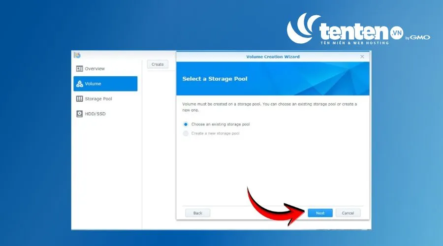 Chọn Choose an existing storage pool, sau đó nhấn Next