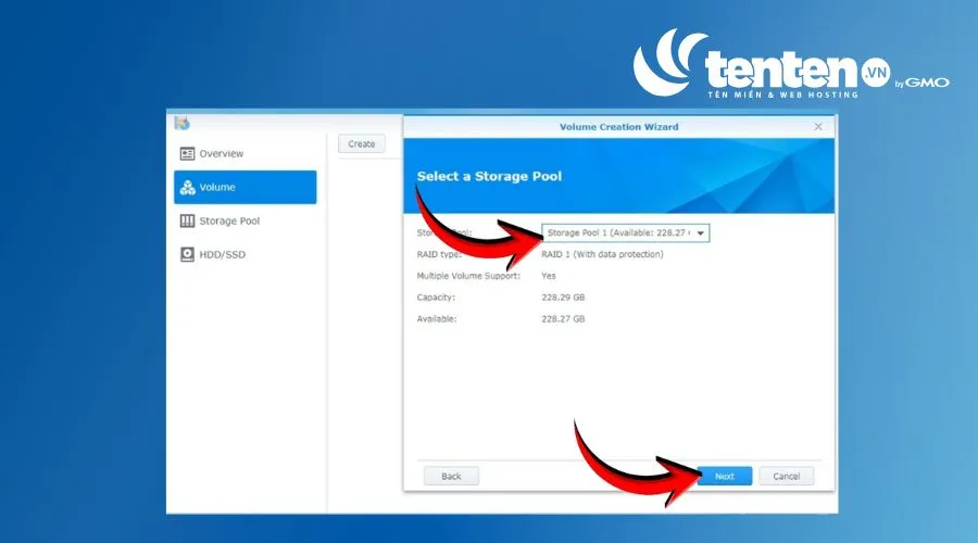 Chọn Storage Pool phù hợp và thiết lập dung lượng mong muốn cho Volume, sau đó nhấn Next