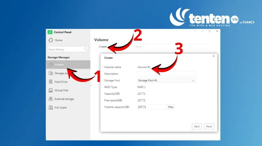 Chuyển sang tab Volume, chọn Create, chọn Create volume on an existing storage pool rồi nhấn Next