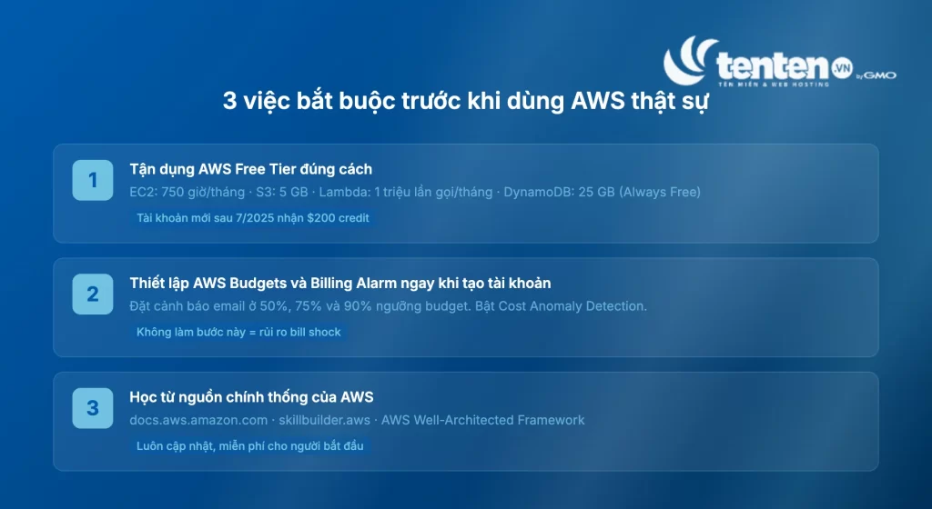 Ba bước bắt buộc trước khi dùng AWS thật sự: tận dụng Free Tier, thiết lập Budgets và Billing Alarm từ ngày đầu, học từ nguồn chính thống của AWS