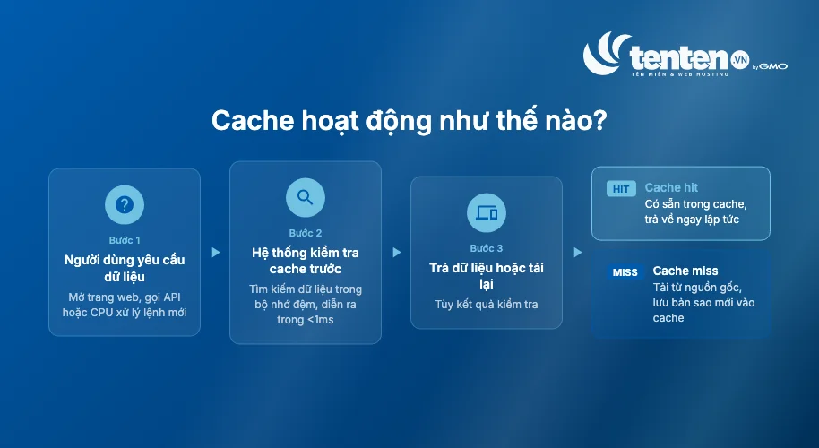 Quy trình cache hoạt động 3 bước: yêu cầu dữ liệu, kiểm tra cache, trả về cache hit hoặc tải lại từ nguồn gốc (cache miss)