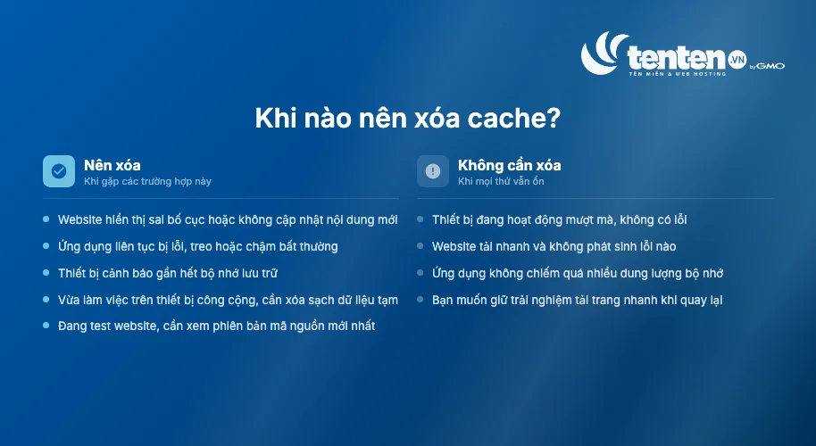 "Nên xóa cache khi" (thấy nội dung cũ, giao diện vỡ, lỗi chuyển hướng, thiết bị đầy bộ nhớ, vừa dùng thiết bị công cộng) và "Không cần xóa khi" (mọi thứ bình thường, website tải nhanh, muốn giữ tốc độ)
