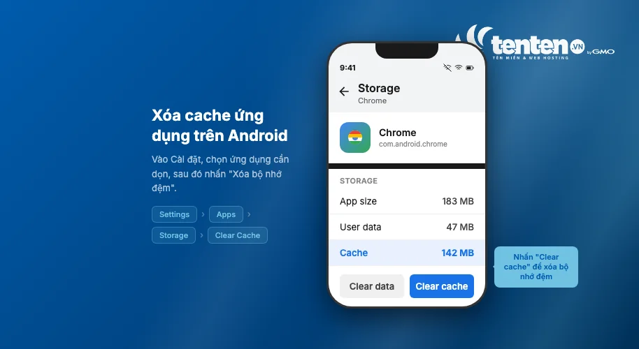 Màn hình Android Settings hiển thị trang Storage của ứng dụng Chrome với nút Clear cache được highlight