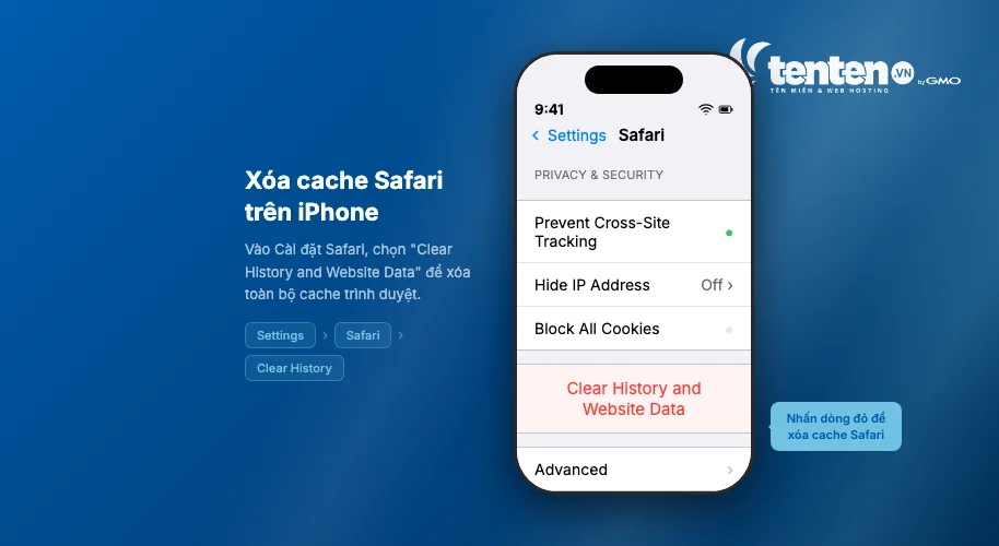 Màn hình iPhone Settings Safari hiển thị tùy chọn Clear History and Website Data được highlight màu đỏ