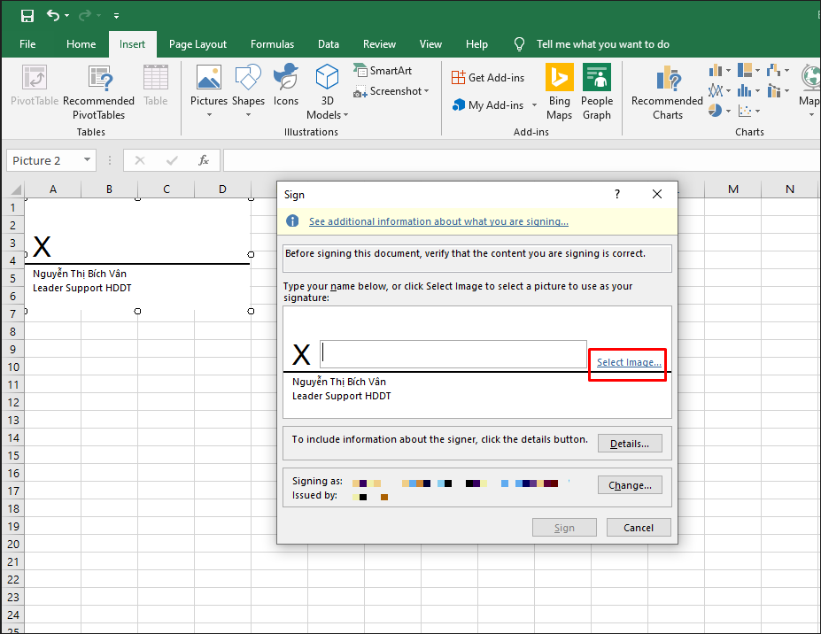 Cách ký chữ ký số không xác định vị trí trên Microsoft Office Excel 2016