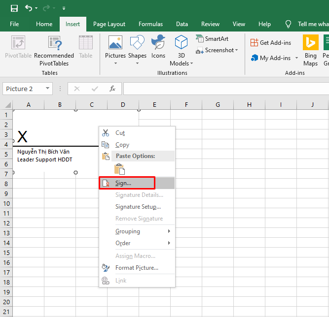 Cách ký chữ ký số không xác định vị trí trên Microsoft Office Excel 2016