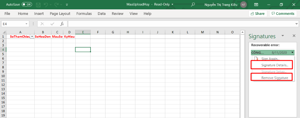 Cách ký chữ ký số không xác định vị trí trên Microsoft Office Excel 2016