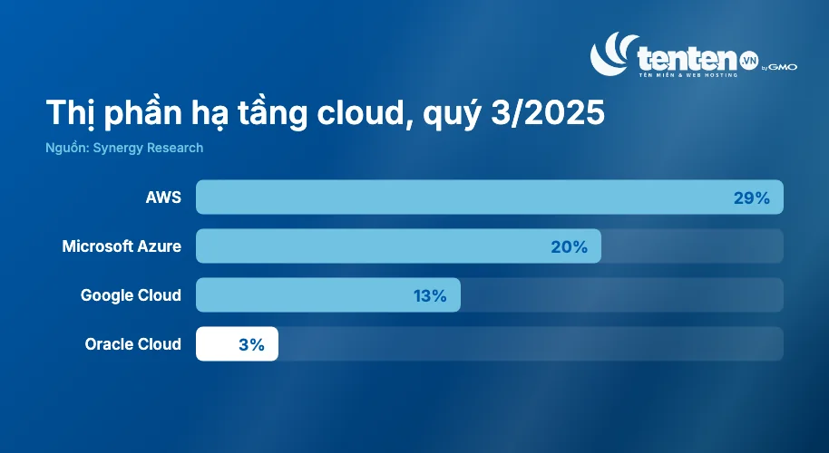 Thị phần hạ tầng cloud quý 3/2025 theo Synergy Research: AWS 29%, Microsoft Azure 20%, Google Cloud 13%, Oracle Cloud 3%