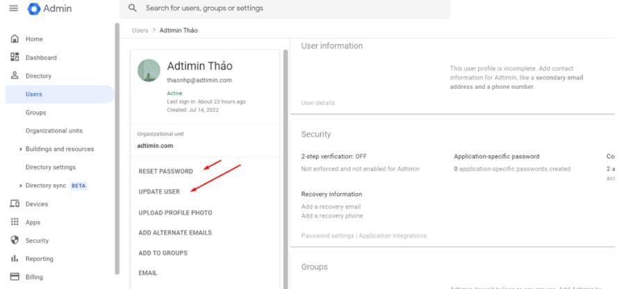 Đổi mật khẩu, đổi tên người dùng - Hướng dẫn sử dụng Google Workspace