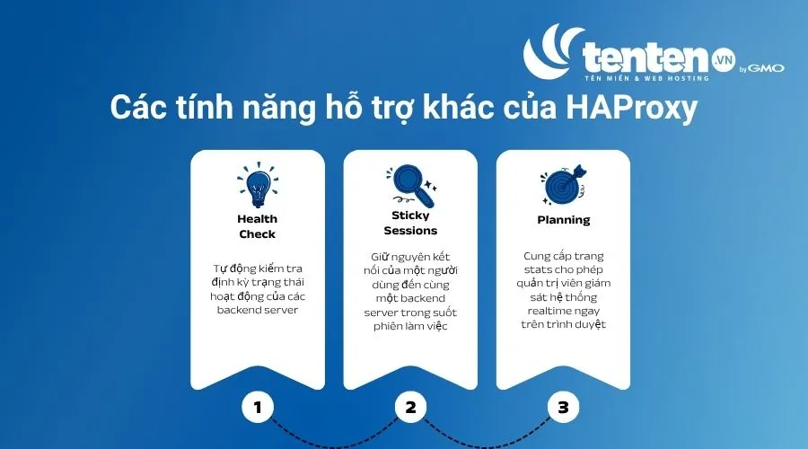 HAProxy hỗ trợ nhiều tính năng khác như Health Check, Sticky Sessions, HAProxy Stats
