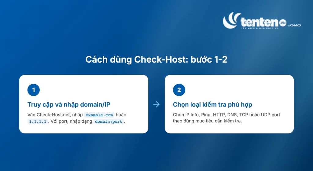 Bước 1 và bước 2 khi dùng Check-Host, truy cập và nhập domain hoặc IP, sau đó chọn loại kiểm tra phù hợp