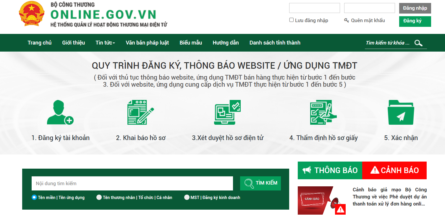 thông báo website với bộ công thương