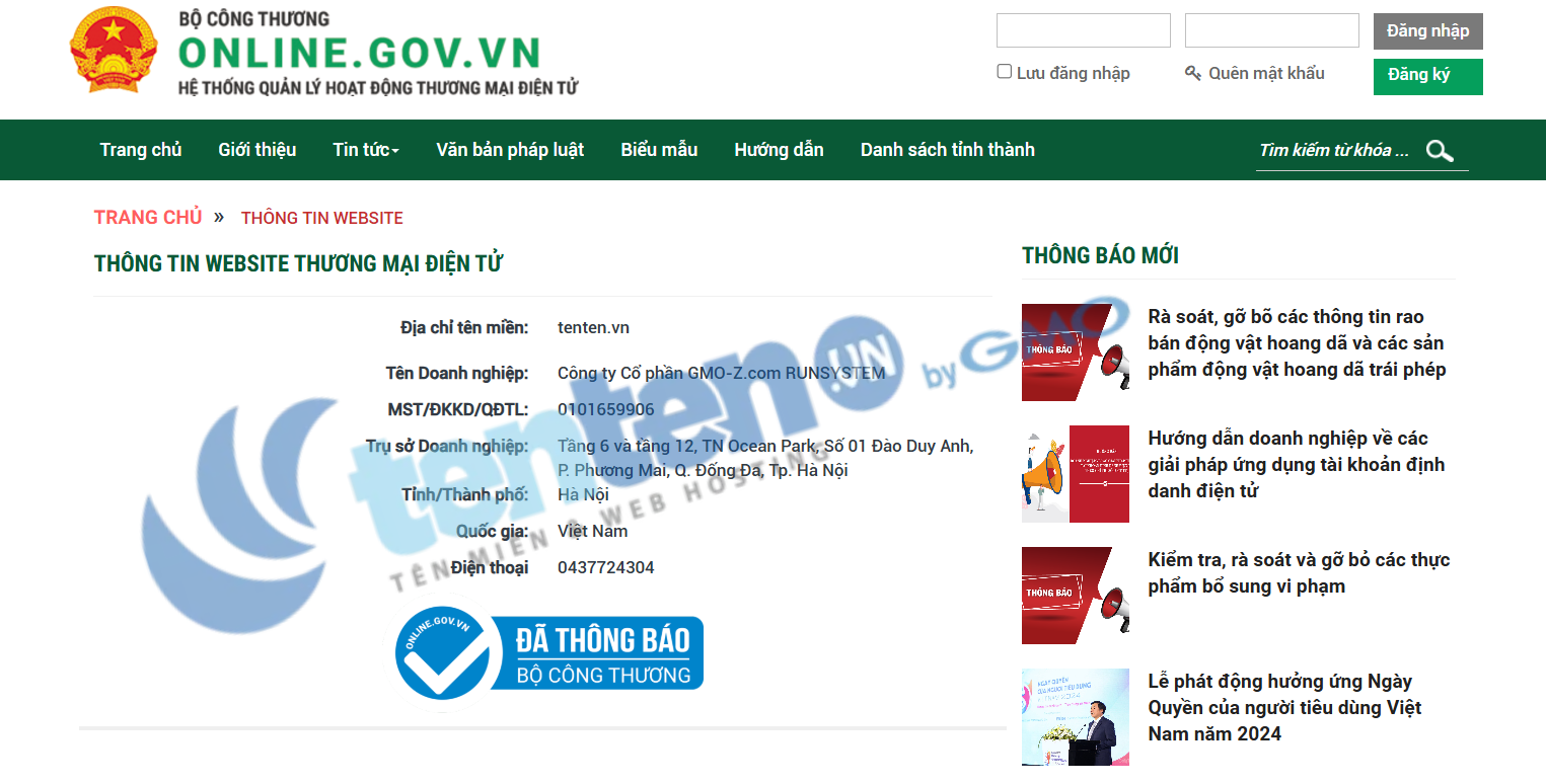 thông báo website với Bộ Công Thương